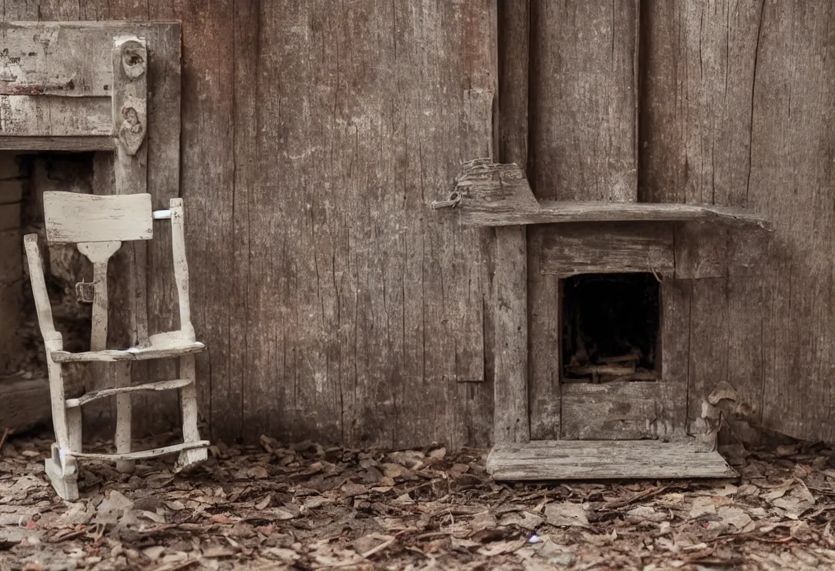 Image similar to An intimate extreme closeup photograph of a single lonely robot sitting on a aged wooden rocking chair in front of a single beautiful fireplace in a dilapidated Victorian home