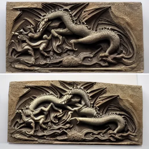 Image similar to bas relief fire-breathing dragon vs female knight with flowing hair