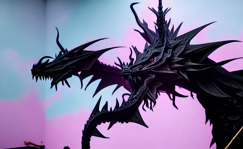 Prompt: a pastel color black dragon, with a dreamy background. extremely intricate and detailed, painted by francis bacon, adrian ghenie, and james jean. 8 k cinematic lighting, hyper realism