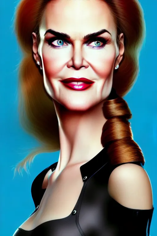 Image similar to portrait of a mix of beautiful young maria shriver, mariel hemmingway, brooke shields, nicole kidman and elle macpherson as catwoman, thin lips, hair tied up in a pony tail, colorful artstation, cgsociety