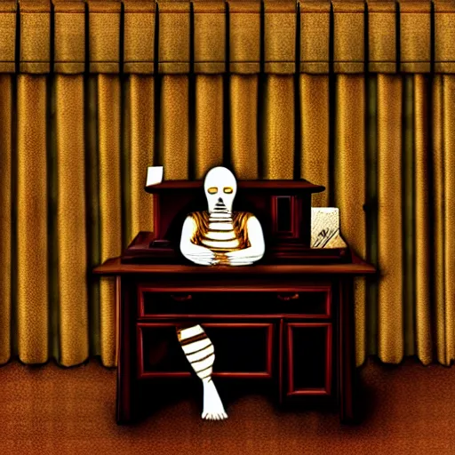 Image similar to Portrait of a mummy sitting at a very old desk, with very old curtains in the room. The desk has a very old phone on it. Dusty air