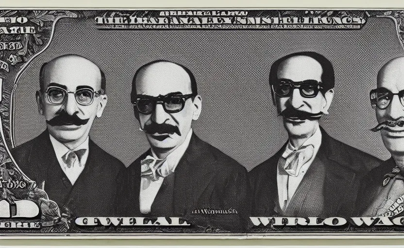 Image similar to rectangular photograph of three dollar u. s. currency note featuring groucho marx