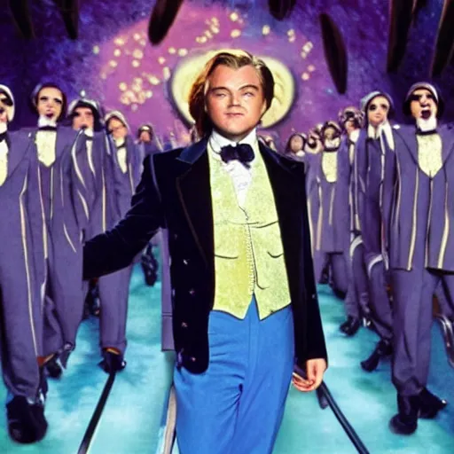 Prompt: leonardo dicaprio starring as willy wonka, movie still, 8 k