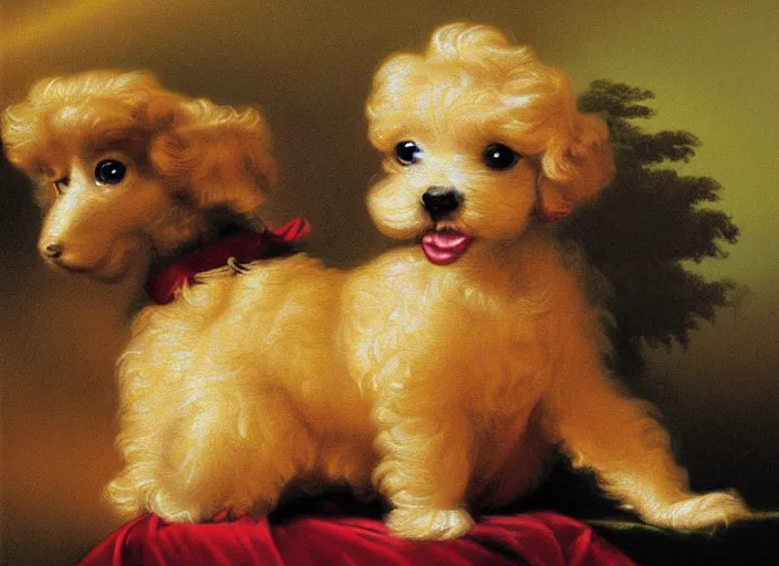 Prompt: baroque rococo painting The Royal Poodle portrait Greg Hildebrandt high detail pastel cute puppy