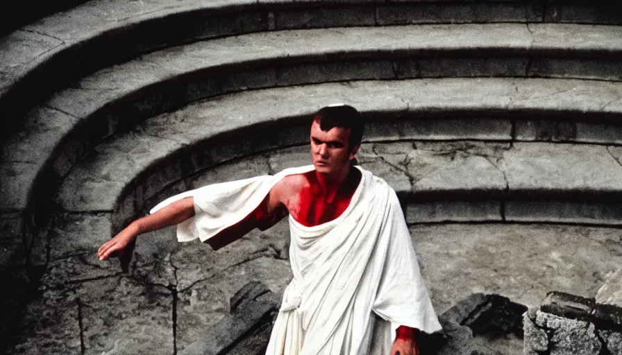 Prompt: 1 9 6 0 s movie still close - up of caligula in a white toga dead on the ancient amphitheater's stairs on a blood flaque, cinestill 8 0 0 t 3 5 mm, high quality, heavy grain, high detail, dramatic light, anamorphic, blood