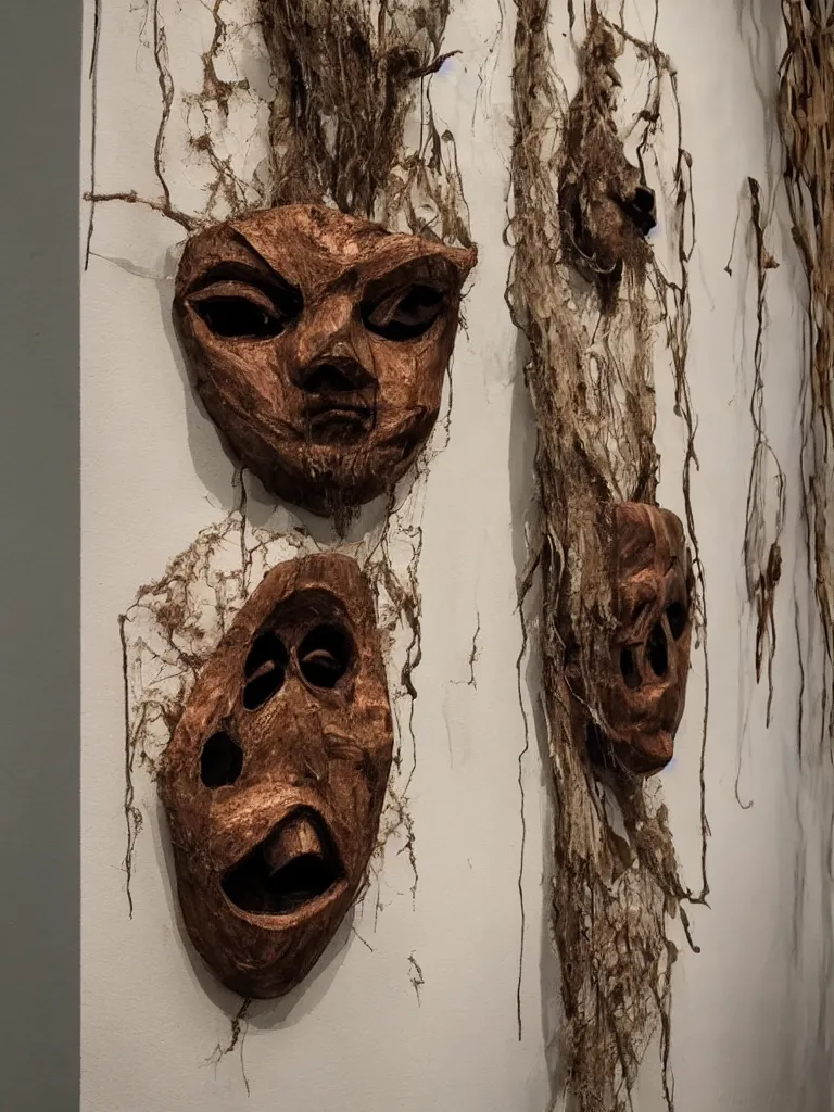 Image similar to creepy haunted mask hung on an art gallery wall. hand made out of wood and stained