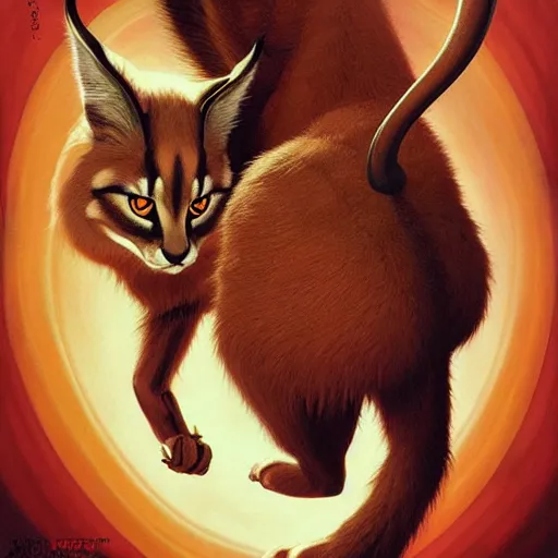 Prompt: movie poster art of cute fluffy caracal, horror, highly detailed, smooth, illustration, artgerm, leyendecker, wlop by katherine lam, michael whelan and tomer hanuka, godward, gustav moreau, saturno butto, boris vallejo