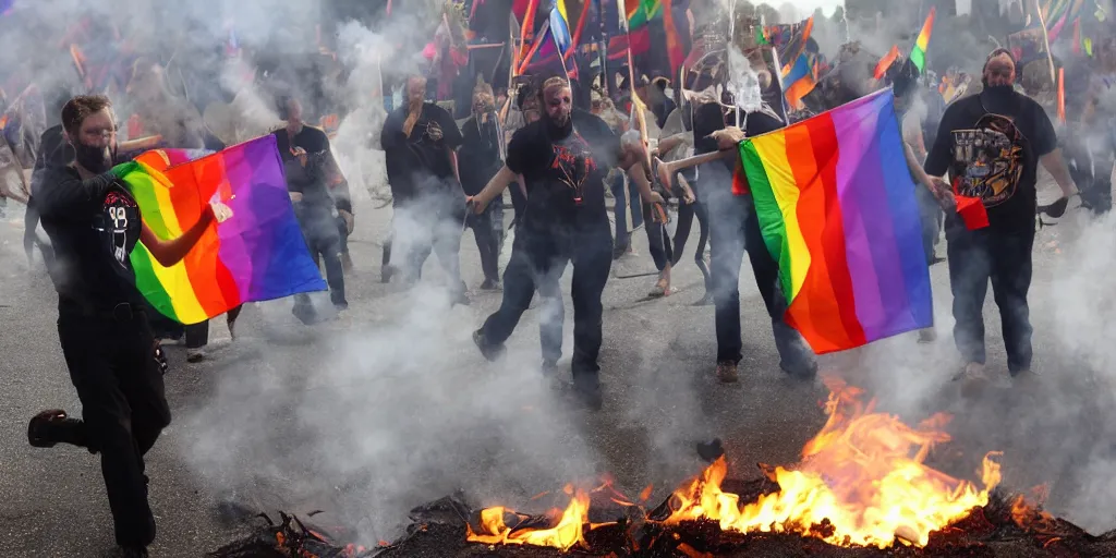 Prompt: a LGBQT Flag burning in Hell