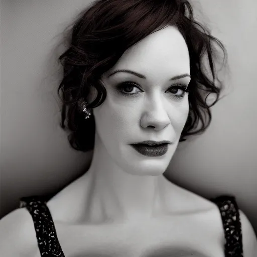 Image similar to portrait of Christina Hendricks the style of Annie Leibovitz award-winning, detailed, 82 mm sigma art, close up