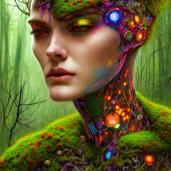 Image similar to bright psychedelic portrait of organic cyborg covered in moss in an ancient forest, diffuse lighting, fantasy, intricate, elegant, highly detailed, lifelike, photorealistic, digital painting, artstation, illustration, concept art, smooth, sharp focus, art by John Collier and Albert Aublet and Krenz Cushart and Artem Demura and Alphonse Mucha