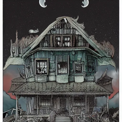 Prompt: scary view of a house in the nightmare realm in the style of studio ghibli, trending on artstation, detailed, scary, nightmare, studio ghibli