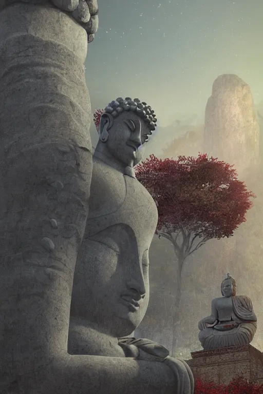 Prompt: a stone statue of buddha sit on the side of the road < bends down > to the < crying girl > who is held by the < ghost of her mother > behind her, craig mullins and ghibli digital art, red lanterns, night sky, stars, unreal engine, hyper realism, realistic shading, cinematic composition, realistic render, octane render, detailed textures, photorealistic