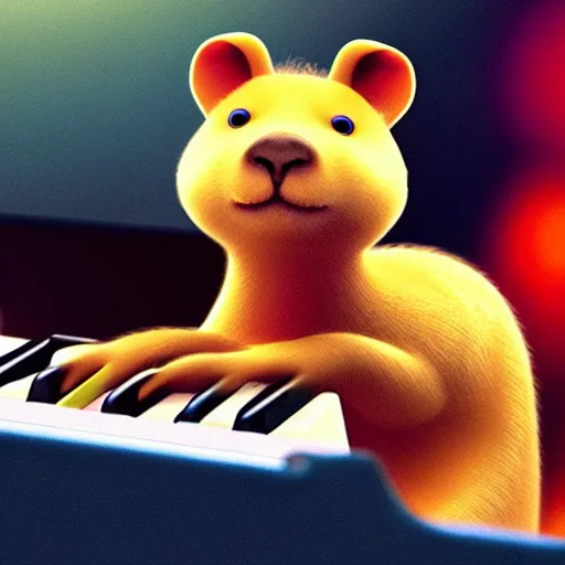 Image similar to Capybara playing on piano at the stage, made by Pixar studio, music cover art,