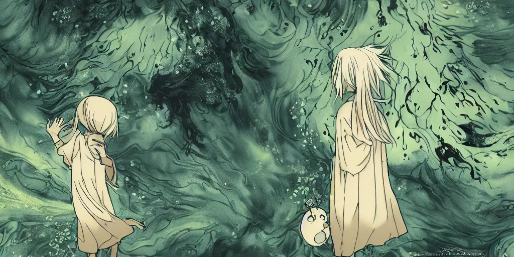 Image similar to ginko showing a new mushi, mushishi by studio ghibli wallpaper splash art promo art