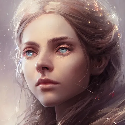 Image similar to a portrait of a beautiful hopeful lady with pretty eyes, beautiful eyes, beautiful eyes, beautiful eyes, highly detailed eyes, looking up, looking up, light smiling, art of wlop and greg rutkowski, intricate, high details, eyes, epic fantasy art, cgsociety, trending on artstation, bright light masterpiece, ray of light through white hair