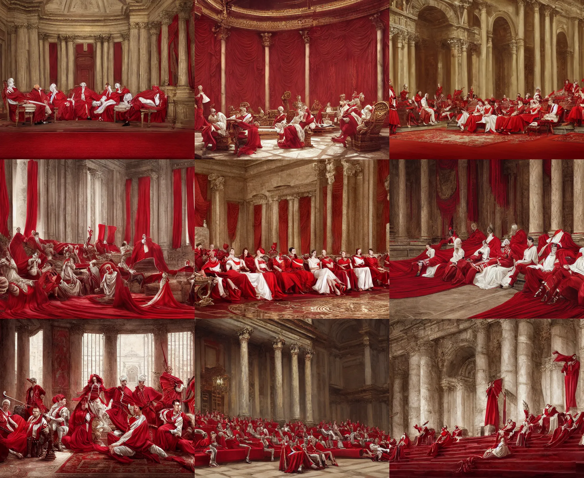 Prompt: group of roman senators, dressed in red and white, sit in tribune, intricate, elegant, sharp focus, highly detailed, digital painting, aleksi briclot, rutkowski,