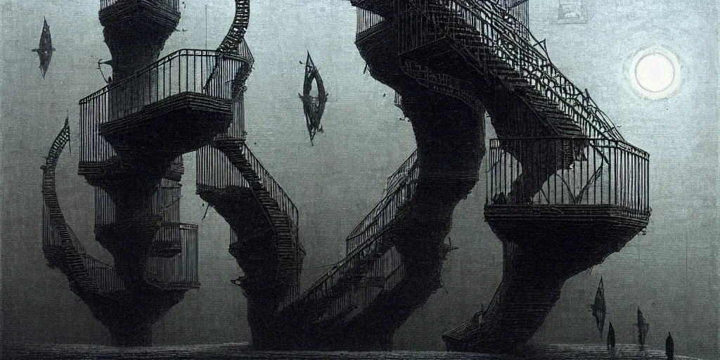 Image similar to big spiral stairways on old ship, inhabited on many levels, flying birds, by beksinski, shining light, strong perspective, clear geometry, architecture, Award winning. Masterpiece, detailed illustration