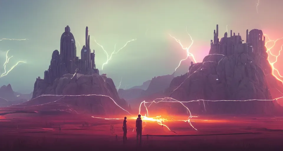 Image similar to Landscape with GIANT lightning bolt striking a futuristic castle, center composition, cinematic, rendered by simon stålenhag, rendered by Beeple, Makoto Shinkai, syd meade, environment concept, digital art, starwars, unreal engine, 3 point perspective, WLOP, trending on artstation, low level, 4K UHD image, octane render,