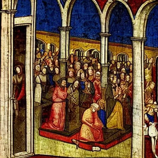 Prompt: a medieval painting of the inside of a walmart store