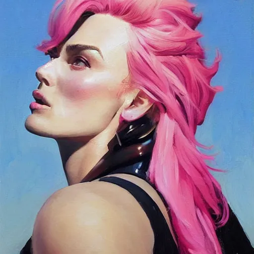 Image similar to greg manchess portrait painting of confident keira knightley with pink hair as beautiful thick muscular female bodybuilder zarya from overwatch, medium shot, asymmetrical, profile picture, organic painting, sunny day, matte painting, bold shapes, hard edges, street art, trending on artstation, by huang guangjian and gil elvgren and sachin teng