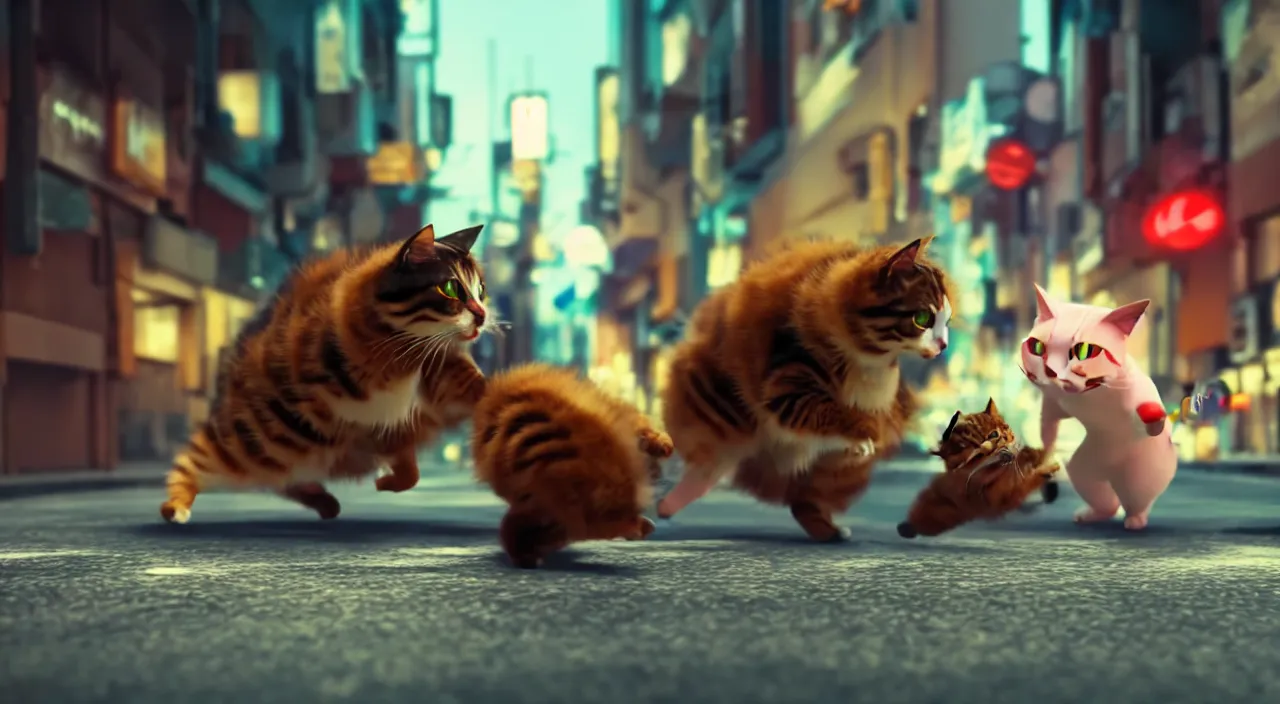 Prompt: hyperrealistic pokemon fighting a cat in the streets of dystopian tokio cinematic lighting 8k wide angle shallow depth of field