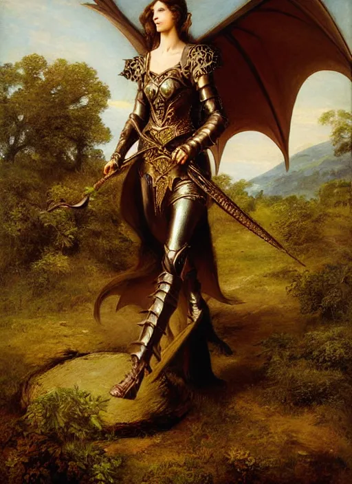 Image similar to woman in dark princess dragon armor, walking on the mystical ancient ruins. by william henry hunt