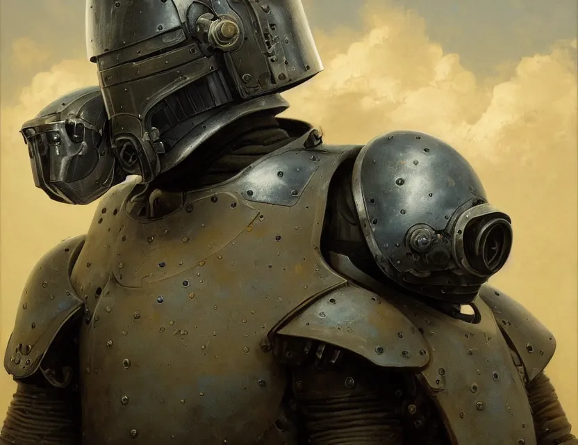 Image similar to a detailed portrait painting of a bounty hunter wearing combat armour and a reflective visor. Dieselpunk. Movie scene, cinematic sci-fi scene. Flight suit, cloth and metal, accurate anatomy. Samurai influence, knight influence. fencing armour. portrait symmetrical and science fiction theme with lightning, aurora lighting. clouds and stars. Futurism by moebius beksinski carl spitzweg moebius and tuomas korpi. baroque elements. baroque element. intricate artwork by caravaggio. Oil painting. Trending on artstation. 8k