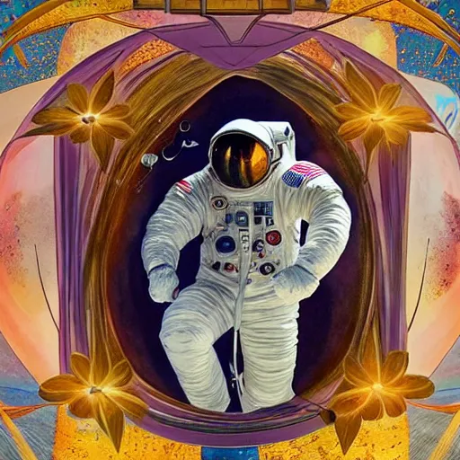 Image similar to realistic detailed view astronaut in space with flower crown by terance james bond, russell chatham, greg olsen, thomas cole, james e reynolds, photorealistic, fairytale, art nouveau, illustration, concept design, storybook layout, story board format