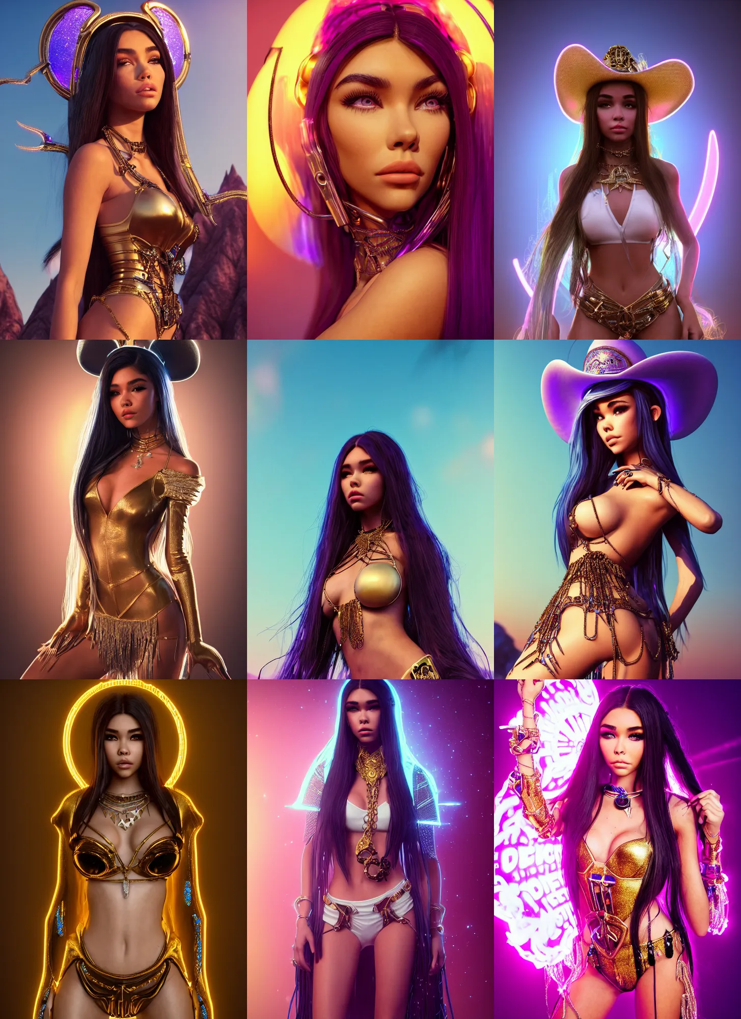 Prompt: madison beer as edm cowgirl woman | jewelry | glamorous oily soft polished rich alluring ornate modern | weta disney movie still photo | hi - fructose, sci fi fantasy, golden ratio, smooth, octane render, sharp focus, artstation, concept art | beeple, rhads, rutkowski, artgerm, mucha, wlop, loish |