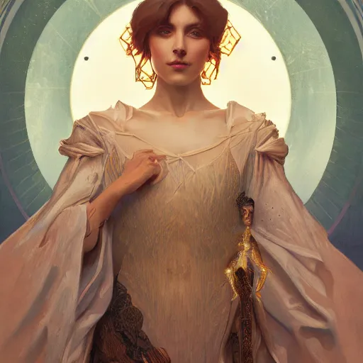 Image similar to a Portrait of A queen whose body is transparent and whose body radiates holy light by greg rutkowski and alphonse mucha,In style of digital art illustration.hyper detailed,smooth, sharp focus,trending on artstation,4k