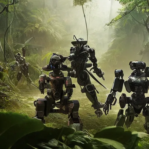 Image similar to Ragtag militia fighting advanced humanoid combat robots in a jungle in 2020, combat photography by Feng Zhu, highly detailed, excellent composition, cinematic concept art, dramatic lighting, trending on ArtStation