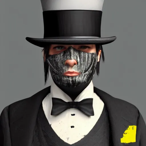 Image similar to a highly detailed portrait of a man in a high top hat covering his face, in a black tailcoat with a yellow waistcoat under the tailcoat, artstation, deviantart, professional, unreal engine 5, photorealistic