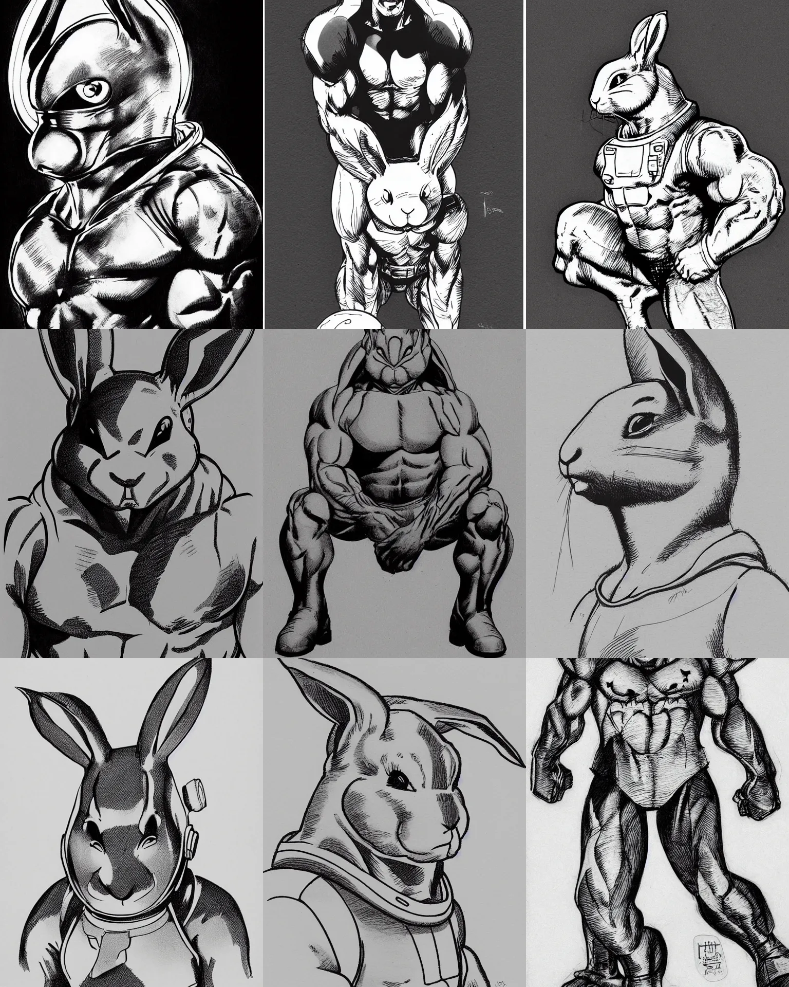 Prompt: rabbit!!! jim lee!!! medium shot!! flat grayscale ink sketch by jim lee close up in the style of jim lee, depressed dramatic bicep pose, astronaut spacesuit helmet astronaut hulk rabbit animal astronaut by jim lee