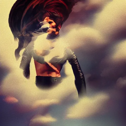 Prompt: gay man with leather clothes dancing on the clouds, Artstation