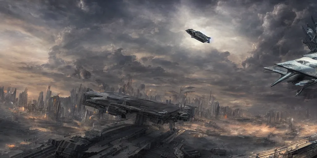 Prompt: flying ancient warship in a megacity, sci-fi, style by dylan cole, matte painting, cloudy sky