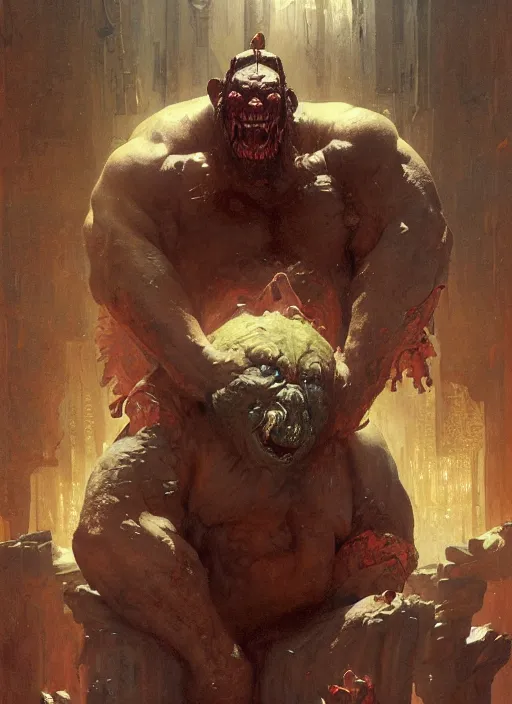 Image similar to huge hulking brute demon king wide shoulders, vascular hands, muscular arms, wearing cape sitting on throne in science fiction hall, by sergey kolesov and lawrence alma tadema and norman rockwell and greg staples and craig mullins and john berkey and ruan jia, artstation creature art