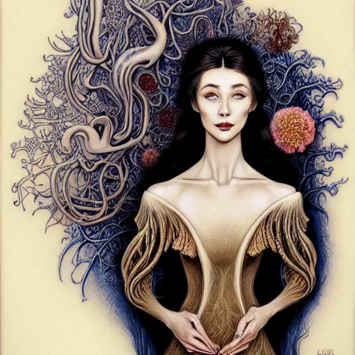 Image similar to facial portrait of a young pretty woman in flowing dress, arrogant, mysterious, long fine flowing hair, delicate, looking at camera, slightly awkward smile, realistic face, hands behind back, stylish, elegant, grimdark fantasy, flowers, extremely detailed painting inspired by Gerald Brom and Ernst Haeckel and Kaluta