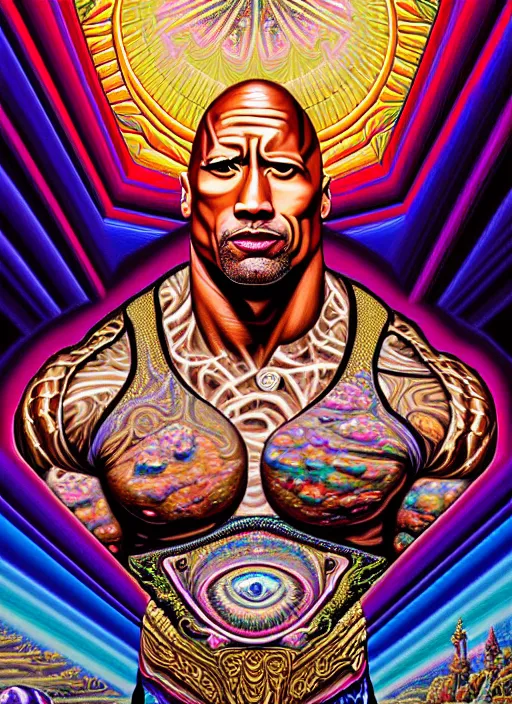 Image similar to beautiful oil painting, full length portrait of dwayne the rock Johnson in baroque coronation robes 1701, Dan Mumford, Dan Mumford, Alex grey, hyacinthe rigaurd, highly detailed , lsd visuals, dmt fractal patterns, visionary art, psychedelic art, ornate, vaporwave, baroque, Greg rutkowski