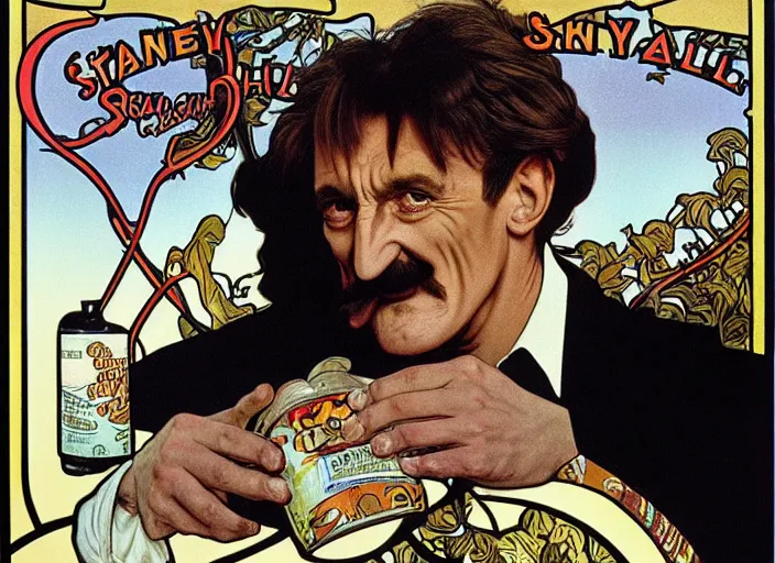 Image similar to barry chuckle drinking a bottle of snake oil, snake oil advertisement from 1 9 8 8, artwork by alphonse mucha and richard corben, 3 d, high resolution 8 k