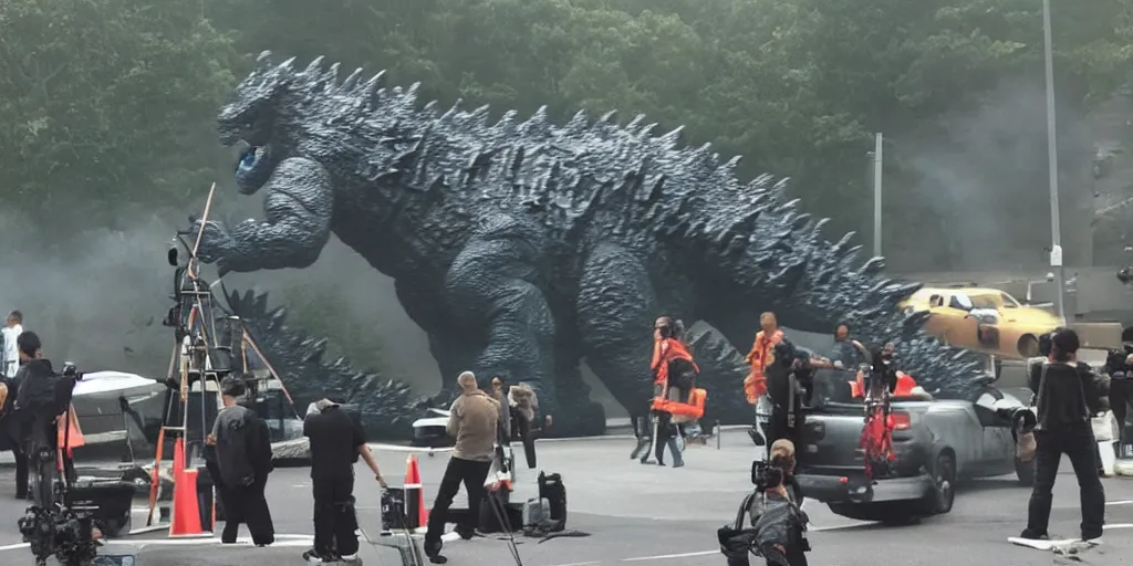 Prompt: godzilla is on a film set, the crew is setting up the next shot, the director is yelling directions into a blowhorn