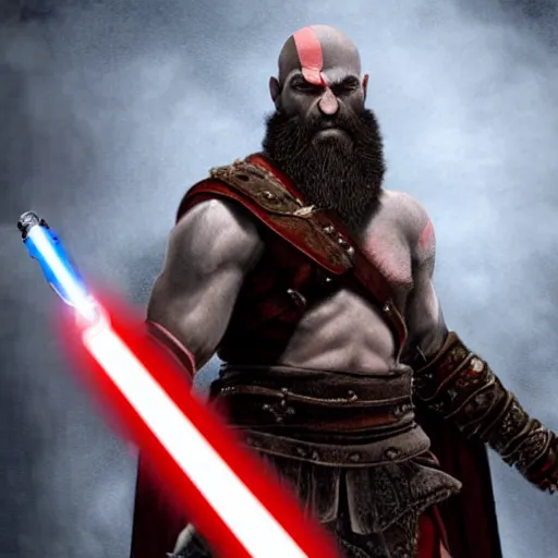 Image similar to kratos from god of war using a lightsaber