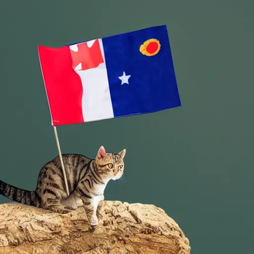 Prompt: a small cat holding his national flag is riding a large cat and traveling the world and going into battles