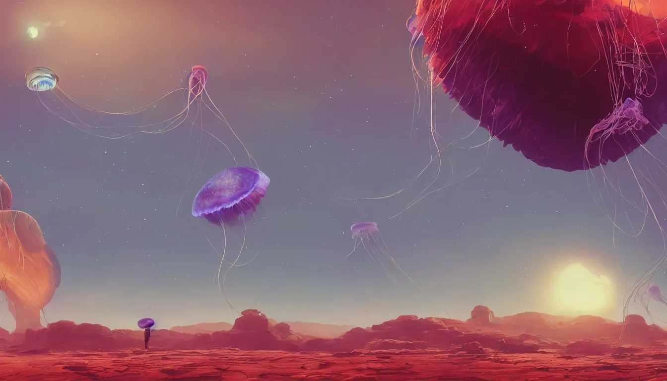 Prompt: A Jellyfish on a martian landscape, rendered by Beeple, Makoto Shinkai, syd meade, simon stålenhag, environment concept, digital art, unreal engine, 3 point perspective, WLOP, trending on artstation, low level, 4K UHD image, octane render,