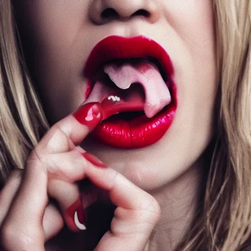 Image similar to a photo of a hyperrealistic lusty blonde woman with lucious red lips opening her mouth and sticking out her tongue photorealism