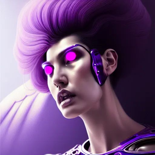 Image similar to woman with extremely large and intricate haircut with angry purple eyes and slim features looking askance, eye cyberpunk bionics, retro futurist style, intricate, elegant gleaming intricate baroque jewelry, angelic halo, highly detailed, digital painting, artstation, concept art, smooth, sharp focus, illustration, art by wlop, mars ravelo and greg rutkowski,