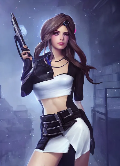 Image similar to caitlyn from league of legends, wearing black dress police uniform, white skirt, hyper detailed, digital art, trending in artstation, cinematic lighting, studio quality, smooth render, unreal engine 5 rendered, octane rendered, art style by klimt and nixeu and ian sprigger and wlop and krenz cushart