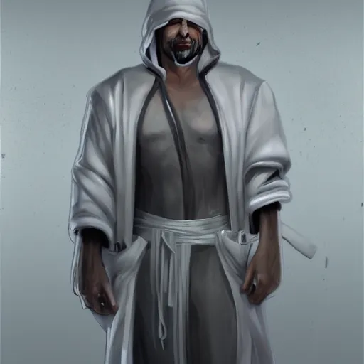 Image similar to thunder man, white robe, hallway, artstation