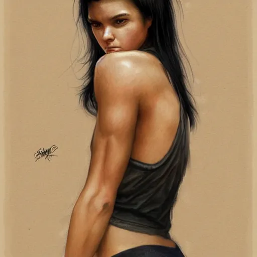 Prompt: a black haired tomboy athletic muscular woman in a black tank top, muscular upper body, abs, D&D, fantasy, intricate, elegant, highly detailed, digital painting, artstation, concept art, smooth, sharp focus, illustration, art by artgerm and greg rutkowski and alphonse mucha