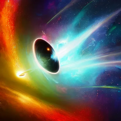 Image similar to glorious 3D black hole in movie, intergalactic, space theme, galaxy colored, hyperdetailed, digital painting, trending on Artstation, cel-shading style, CG society, hyperdetailed, digital painting, hypermaximalist, golden ratio, volumetric, octane render, weta digital, micro details, 3d sculpture