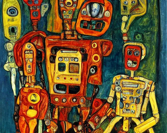 Prompt: a painting of a robot family portrait by graham sutherland, egon schiele, expressionism